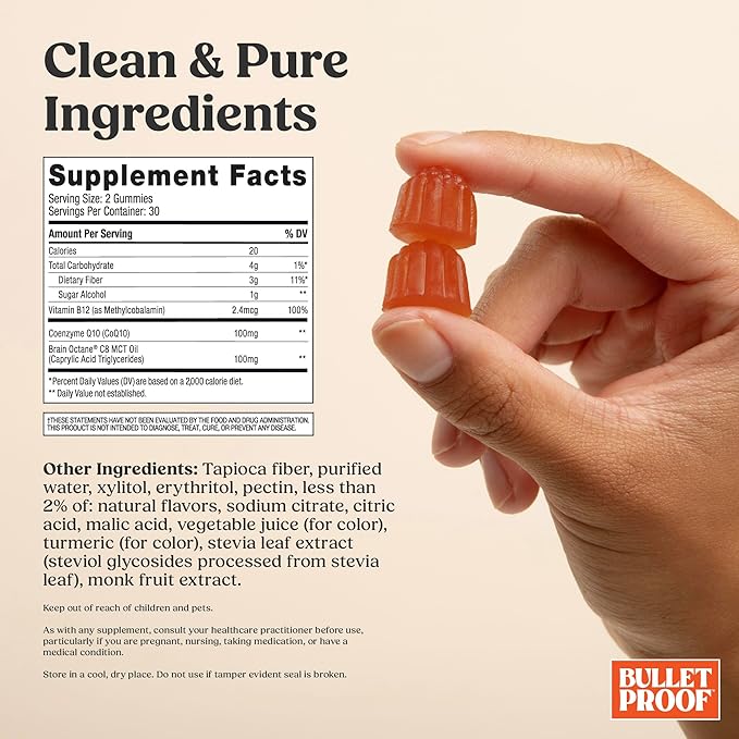 Bulletproof Sugar-Free Tropical Energy Gummies 60 Count Supplement for Daily &amp Sustained Energy with 100mg CoQ10 Daily Value of B12 100mg Brain Octane Oil