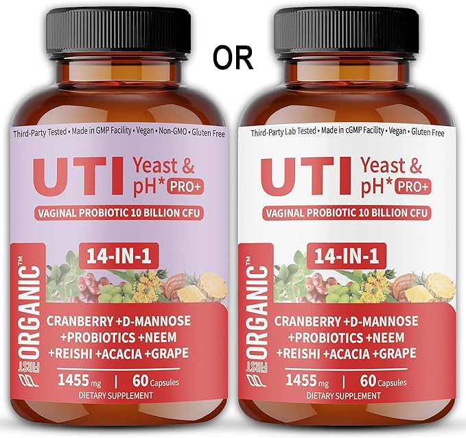 UTI Yeast &amp pH Pro+ | Pack of 2 | Daily Feminine Hydration &amp Balance Support with Cranberry D-Manose Aloe Hibiscus | Third-Party Tested cGMP Facility Vegan Gluten-Free | 60+60 Caps