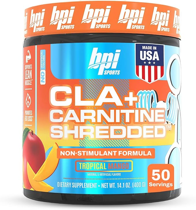 BPI Sports CLA + Carnitine Shredded - Convert Fat Cells Into Energy and Supports Lean Muscle Boost Metabolism - Non-Stimulant L-Carnitine Supplement - Tropical Mango (14.1 oz. / 50 Servings)