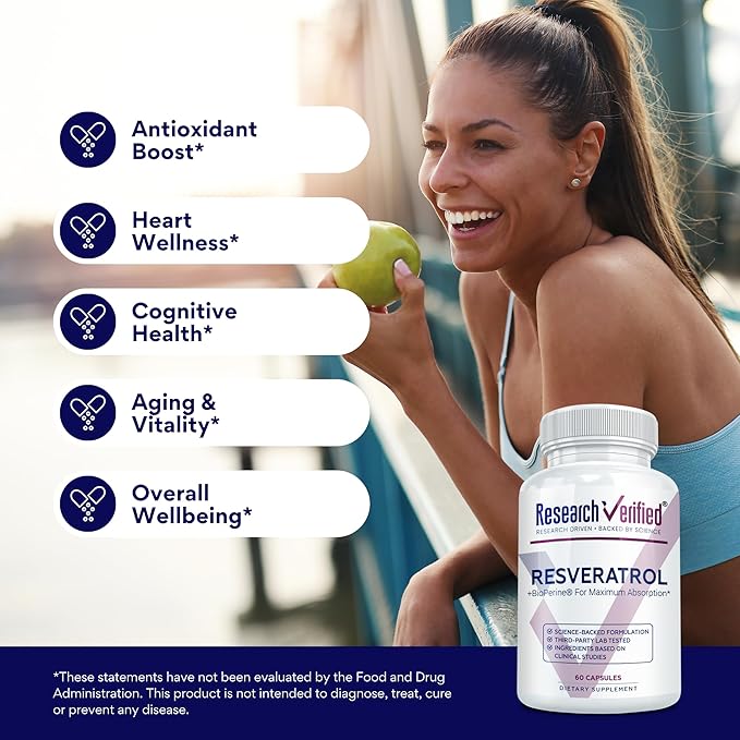 Research Verified Resveratrol - 98% Trans-Resveratrol 1000 mg Anti-Aging Support - 1 Bottle - 60 Capsules