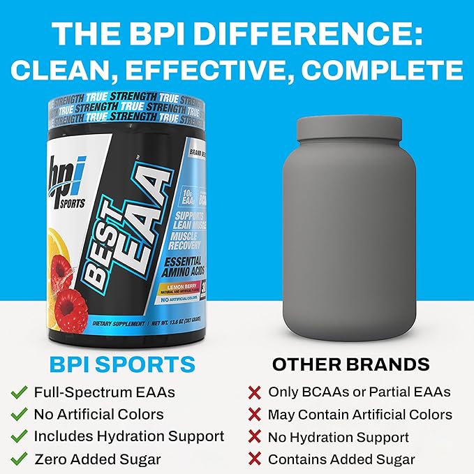 BPI Sports Essential Amino Acids EAA Powder - Pre Intra &amp Post Workout Drink - BCAA Powder for Men &amp Women EAA + BCAA + Hydration Advanced Formula with 10g of EAA. (Lemon Berry)