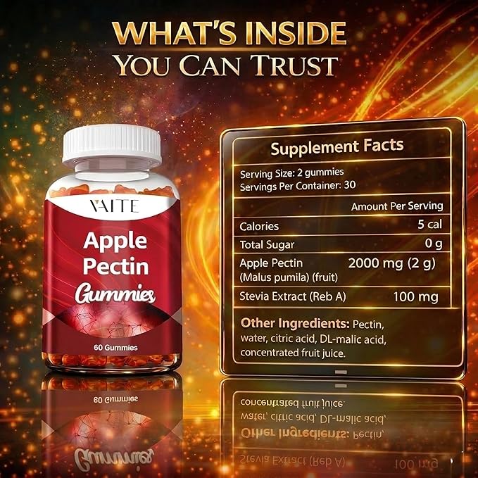 Apple Pectin Gummies - High-Fiber Supplement with 2000mg Natural Cholesterol Lower Support Promotes Digestive Wellness &amp Stomach Comfort Non-GMO &amp Gluten Free Herbal Supplements - 60 Vegan G