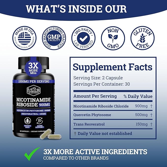 Black Forest NAD Nicotinamide Riboside 900 mg (Liposomal Nicotinamide Riboside 900mg Resveratrol Quercetin 500mg &amp 150mg of NAD Resveratrol Supplement) 1550 MGS NR Supplement 900mg NAD+