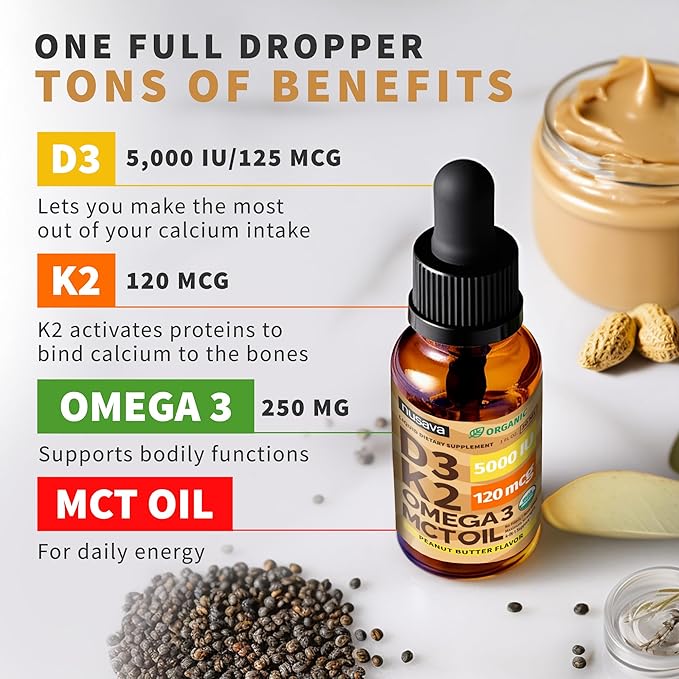 (2 Pack) Organic Vitamin D3 K2 Drops with MCT Oil Omega 3 5000 IU Maximum Strength Vitamin D Liquid No Fillers Non-GMO Liquid D3 for Faster Absorption Immune Support (Peanut Butter 2 Fl Oz)