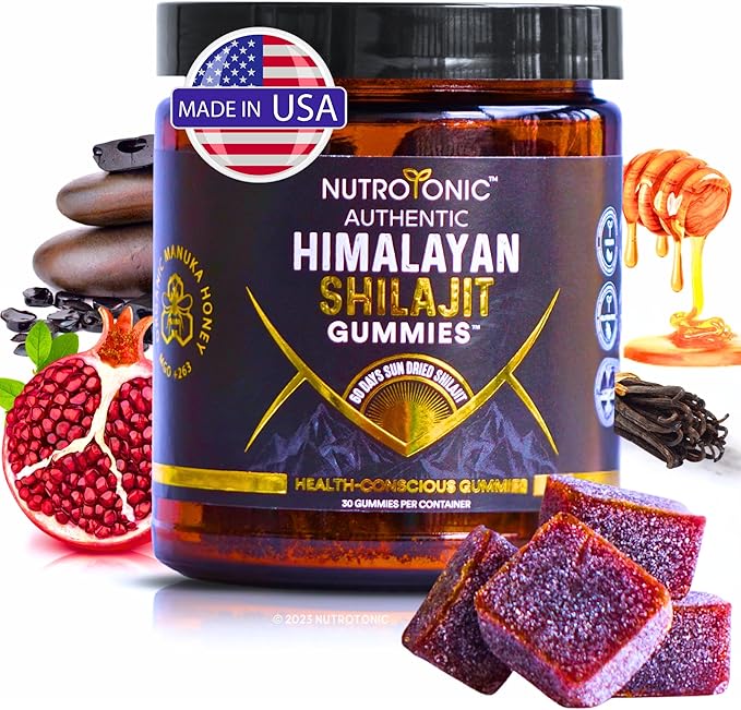 NutroTonic® Organic Himalayan Shilajit Gummies – Pomegranate &amp Vanilla Flavored – Shilajit for Men &amp Women - Wild Crafted Manuka Honey MGO +263 – Made in USA – 30 Healthy Gummies