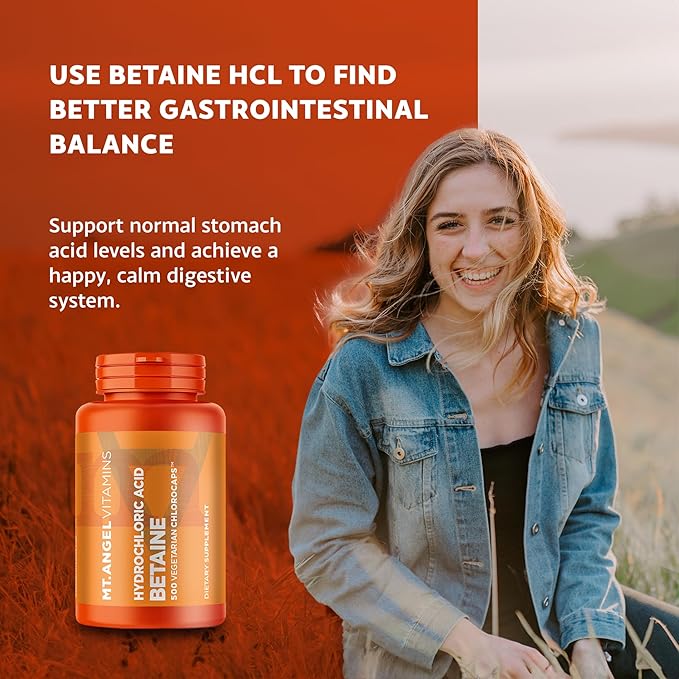 Mt. Angel Vitamins - Hydrochloric Acid Betaine Supports Healthy Digestion &amp Gastric Juices (200 Vegetarian Chlorocaps)