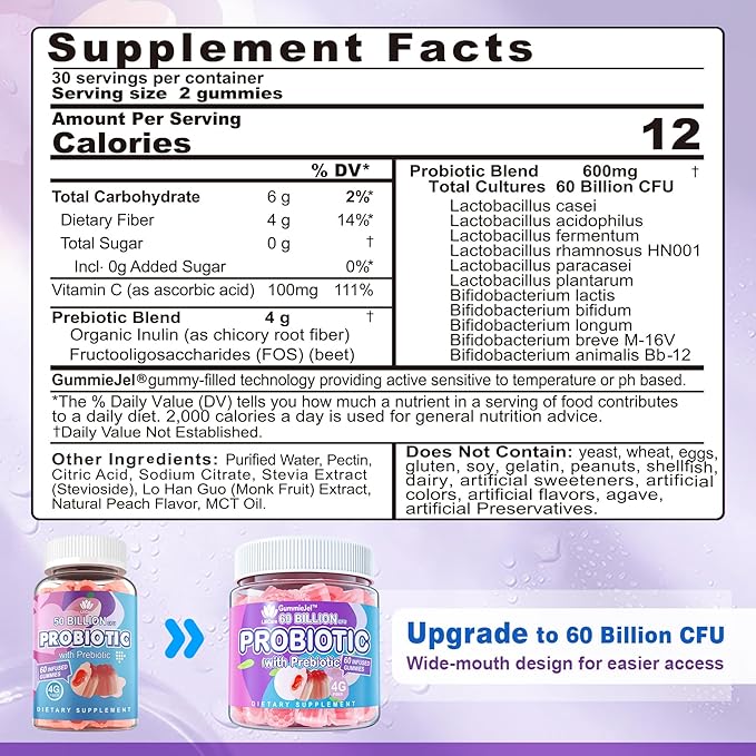 Probiotic Gummies 60 Billion CFU for Women Men &amp Kids 11 Strains Probiotics + Organic Prebiotics Fiber for Immune Digestive Health Supports Constipation Diarrhea Gas &amp Bloating - Sugar Fr