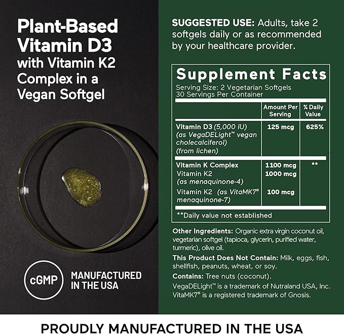 SMARTERNUTRITION Vegan Vitamin D3 5000 IU + Natural Vitamin K2 1100 mcg in Organic Coconut &amp Olive Oil - D3 K2 Supplement for Immune &amp Bone Support - 60 Softgels[30 Day Supply]