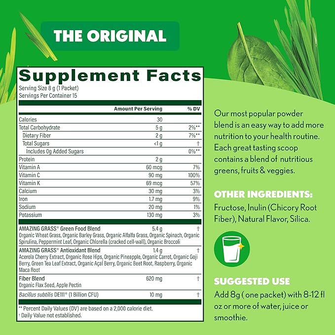Amazing Grass Greens Blend Superfood: Super Greens Powder Smoothie Mix with Spirulina Chlorella Beet Root Powder Digestive Enzymes Prebiotics &amp Probiotics Original 15 Servings (Packaging May