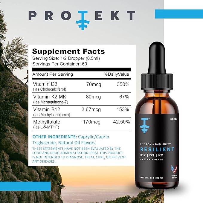PROTEKT Resilient Vitamin D3 K2 B12 Drops - Liquid B12 K2 D3 Vitamin Supplement with Methylfolate Liquid Drops for Energy &amp Recovery Methy Folate for Sleep &amp Mood - Natural Berry 30mL