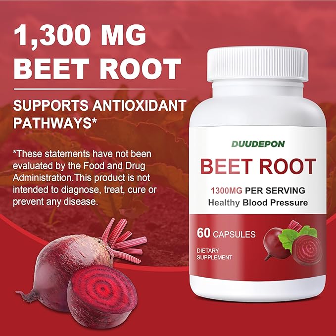 DUUDEPON Organic Beet Root Capsules - 1300mg per Serving - Supports Natural Energy Endurance - Vegan - 60 Capsules