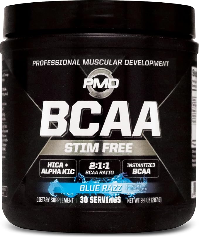 PMD Sports BCAA Stim-Free Amino Acids - Better Workout Performance Enhanced Recovery Daily Energy Muscle Builder and Muscle Sparing - BCAA Powder Drink Mix - Blue Razz (30 Servings)