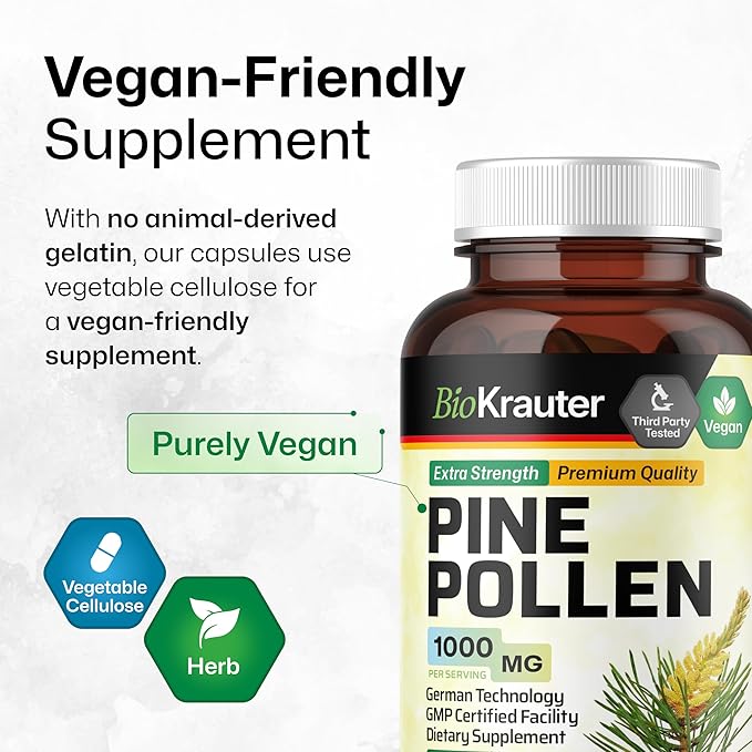 BIO KRAUTER® Pine Pollen for Men's Support - Pure &amp Vegan Pine Pollen Extract 1000 mg per Serving - Immune Support Supplement &amp Antioxidants - 100 Capsules 50-Day Supply Non-GMO Herbal Suppl