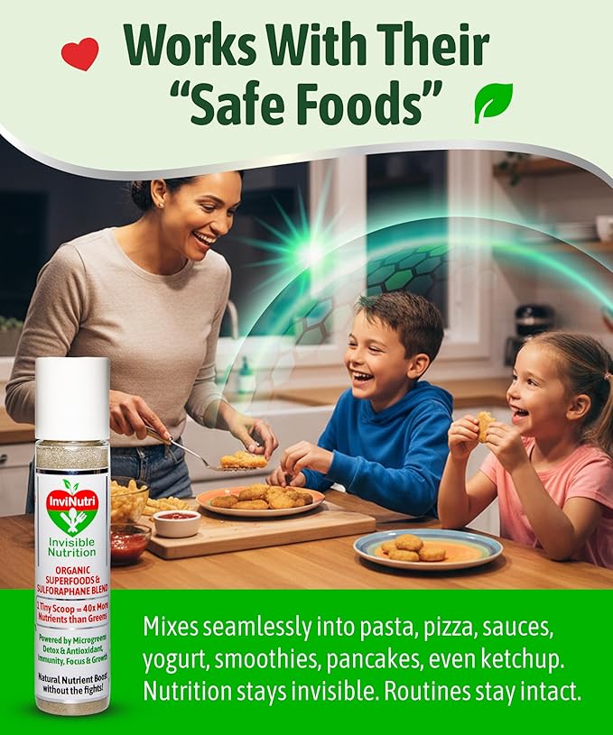 InviNutri Superfood Powder for Sensory &amp Picky Eaters. A TINY scoop- 40x Nutrient-Rich 30mg Sulforaphane for Detox. Organic Microgreens Fruits &amp Veggies - Blends Invisibly into Most Meals -