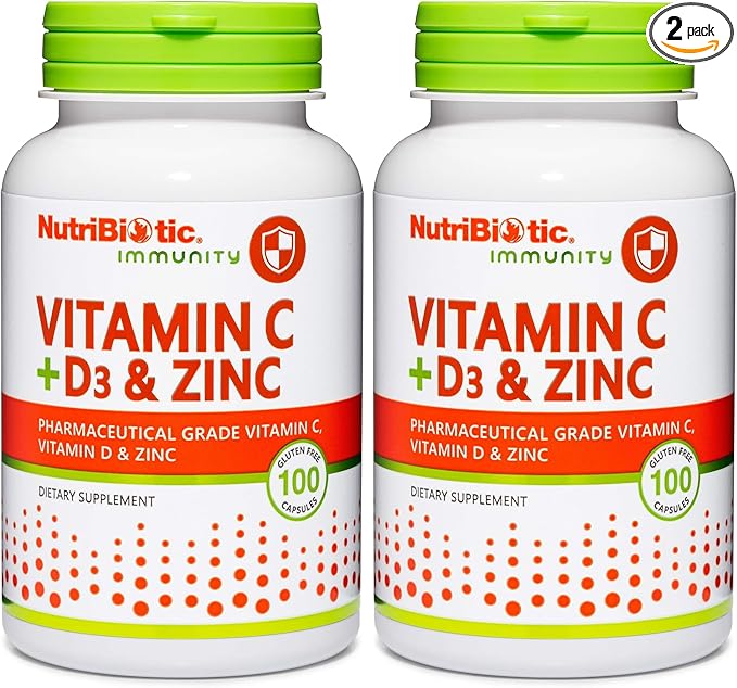 NutriBiotic – Vitamin C + Vitamin D3 &amp Zinc 100 Capsules | Potent Comprehensive Immune Support | Essential &amp Antioxidant Daily Supplement | Gluten &amp GMO Free (Pack of 2)