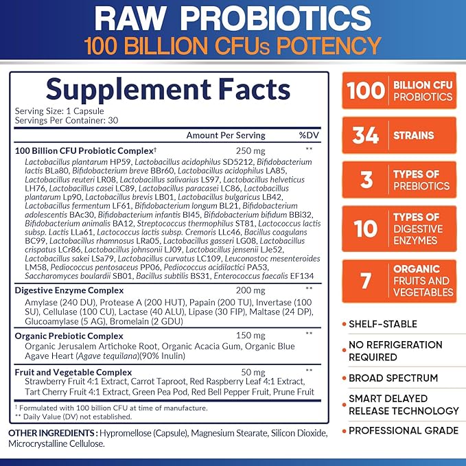 Wholesome Wellness Organic Raw Probiotics 100 Billion CFU Dr Formulated for Women and Men Complete Adult Supplement with Prebiotics and Digestive Enzymes 30 Capsules Shelf Stable