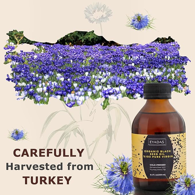 Organic Black Seed Oil 8.4 Fl Oz – 100% Turkish Cold-Pressed Nigella Sativa with 3X Thymoquinone – Pure Cumin Extract in Amber Glass Bottle for Immune Hair Skin &amp Overall Wellness