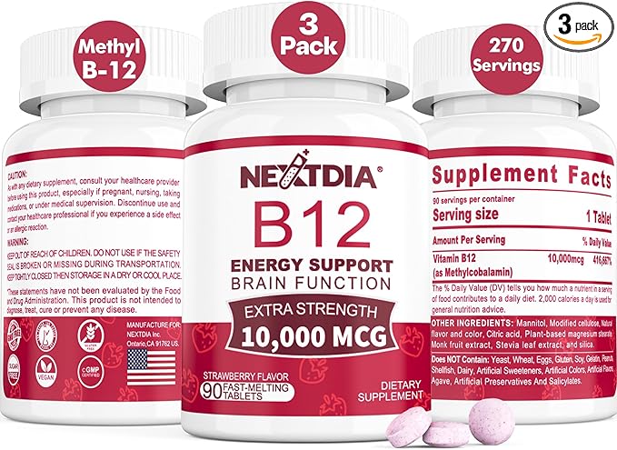 B12 Vitamins 10000 mcg Methylated Vitamin B12 Sublingual - Energy Boost Focus Metabolism &amp Brain Health Support Immune System Support Fast Dissolve Natural Strawberry Flavor 270 Servings