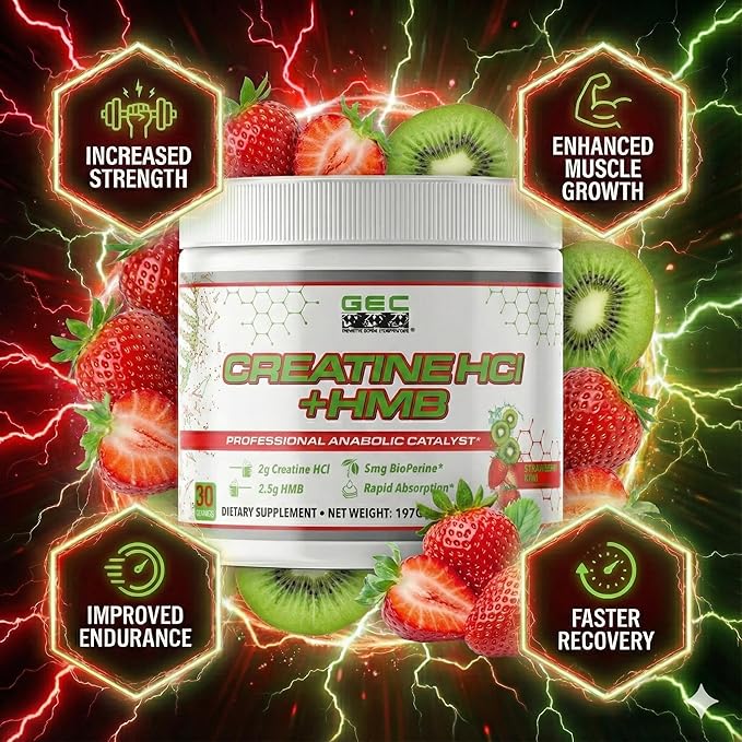 Creatine HCl + HMB for Athletes – Performance &amp Recovery Formula – 2g Creatine HCl 2.5g HMB – Fast Absorption No Bloat No Loading – 30 Servings – GEC (Standard Strawberry Kiwi)