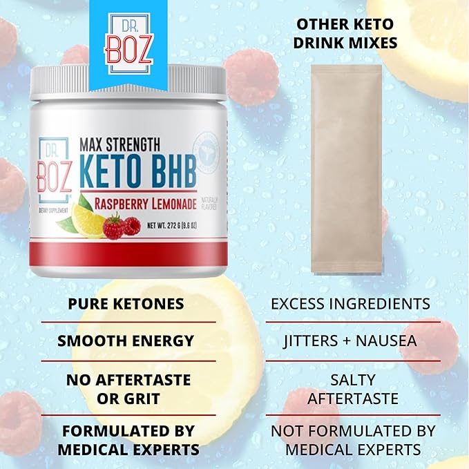 Dr. Boz - Keto BHB Powder - Raspberry Lemonade 20 Servings - Ketones Drink - Increase Energy &amp Reduce Cravings - Max Strength Dietary Supplement - Quality Tested - Made in The USA - 9.6oz (272g)