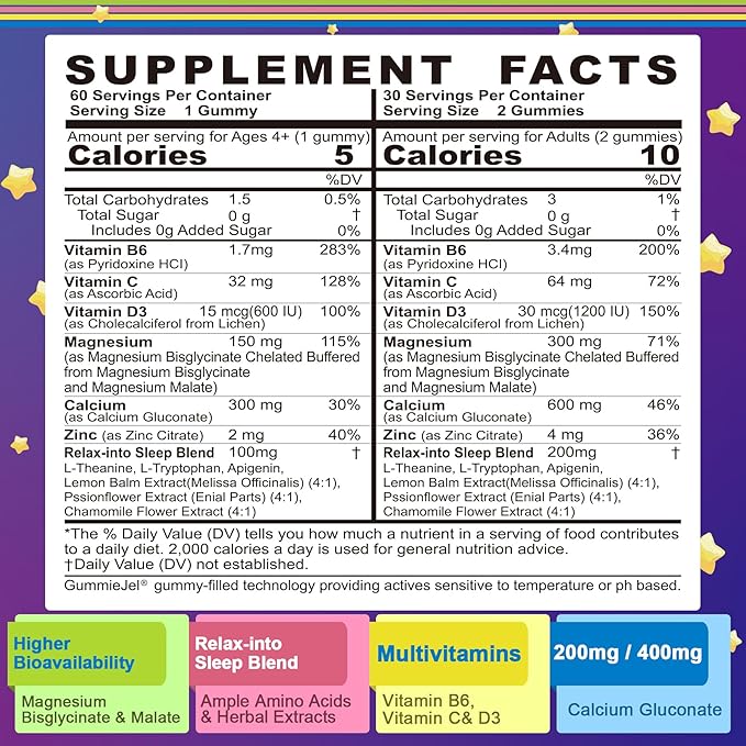 Neviss Magnesium Glycinate + Calcium Filled Gummies for Adults and Kids 4+ Kids Sleep Gummies Melatonin Free Sugar Free Magnesium Supplement with B6 D3 L-Theanine for Zzz &amp Relax BrainBoneMu