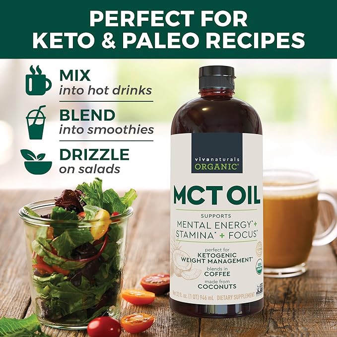 Viva Naturals Organic MCT Oil 32 fl oz – MCT Oil for Coffee USDA Organic Non-GMO Paleo Certified &amp Keto Friendly Supports Energy &amp Mental Clarity