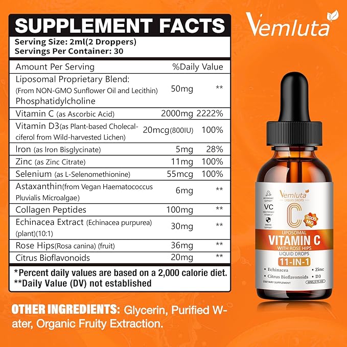 2 Packs Liposomal Vitamin C 2000mg Liquid Drop High Absorption VC Complex Rose Hips with Echinacea Citrus Bioflavonoids Zinc Vitamin D3 for Immune System &amp Antioxidant4 FL Oz
