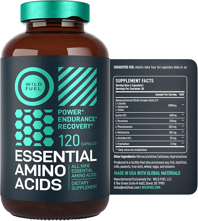 WILD FUEL Essential Amino Acids Supplement for Women and Men - All 9 BCAAs Amino Acid Complex for Power and Recovery - EAA Lysine Tryptophan Isoleucine - 2 Pack 240 Vegan BCAA Capsules