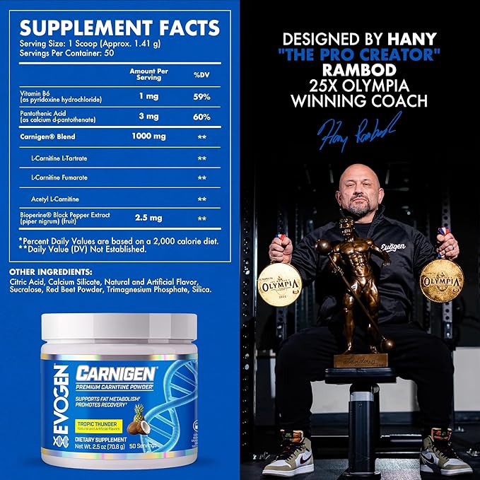 Evogen Carnigen - Premium Carnitine Powder | Supports Fat Metabolism &amp Promotes Recovery | Stimulant-Free L Carnitine Supplement Matrix with Acetyl L-Carnitine | Tropic Thunder | 50 Servings
