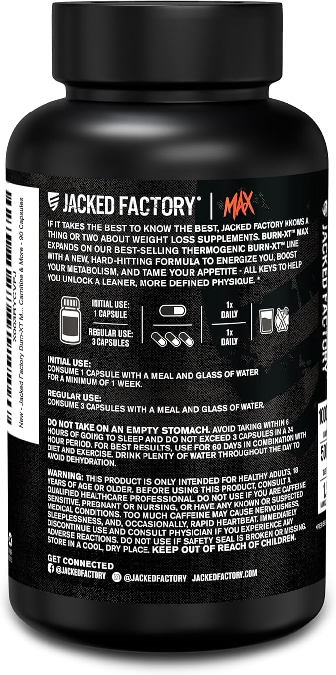 Jacked Factory Burn-XT Max - High-Performance Thermogenic Fat Burner &amp Appetite Suppressant for Weight Loss w/PurCaf Organic Caffeine MitoBurn Green Tea Acetyl L Carnitine &amp More - 90 Capsu