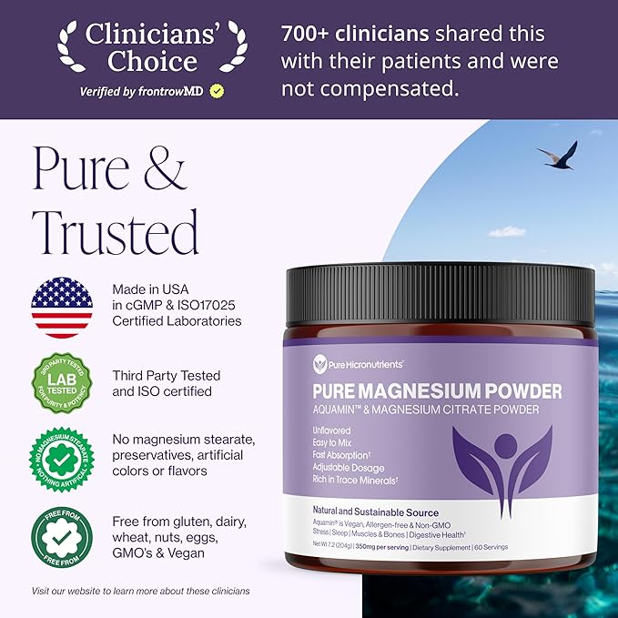 Pure Magnesium Citrate Powder to Support Sleep Muscle &amp Bone Health Energy Heart &amp Digestion. Unflavored Magnesium Powder Drink Mix Vegan 60 Servings