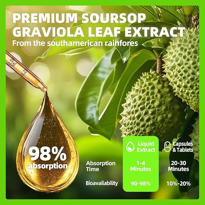 Soursop Graviola Leaf Extract Liquid Drop for Cell Support &amp Regeneration Immune Boost Relax Liver and Sleep Soursop Bitters Liquid Herbal Goodness Sugar/Gluten Free Original Flavor 2 Fl O