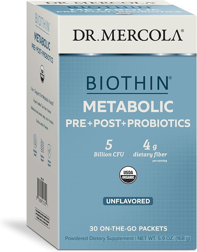 Dr. Mercola Biothin Metabolic Pre + Post + Probiotics Unflavored 30 Servings (30 Packets) Dietary Supplement 5 Billion CFU 4 g Dietary Fiber Certified USDA Organic Non-GMO