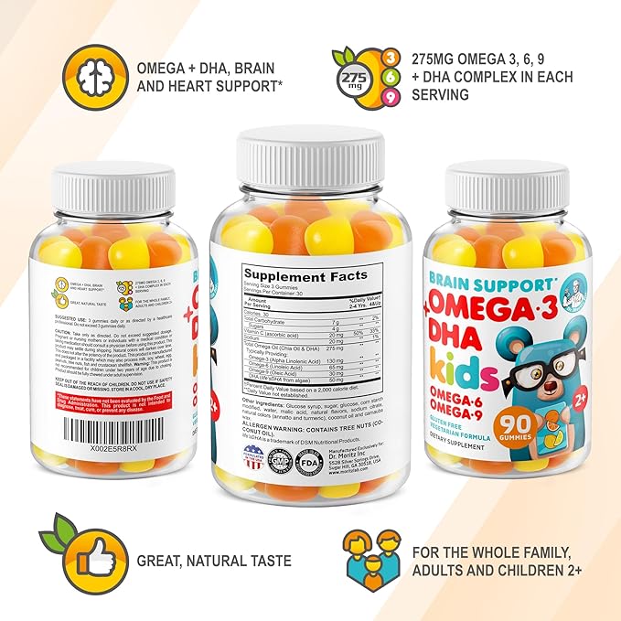 DR. MORITZ Omega 3 Kids Gummies (180 Count) Vegan Omega3 Gummies for Kids with No Fish Oil Vitamins for Brain &amp Heart Health Gluten-Free Omega 3 6 9