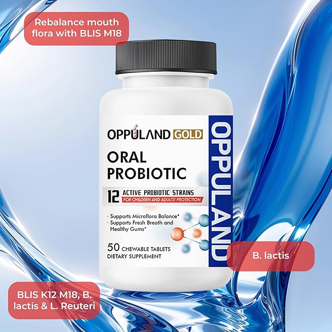 Oral Probiotic with 12 Probiotic Strains BLIS K12 M18 B. lactis &amp L. Reuteri - Dental Care - Fresh Breath &amp Gum Health - Easy to Take for Adults &amp Kids - Scentless - 50 Chewable Tablets