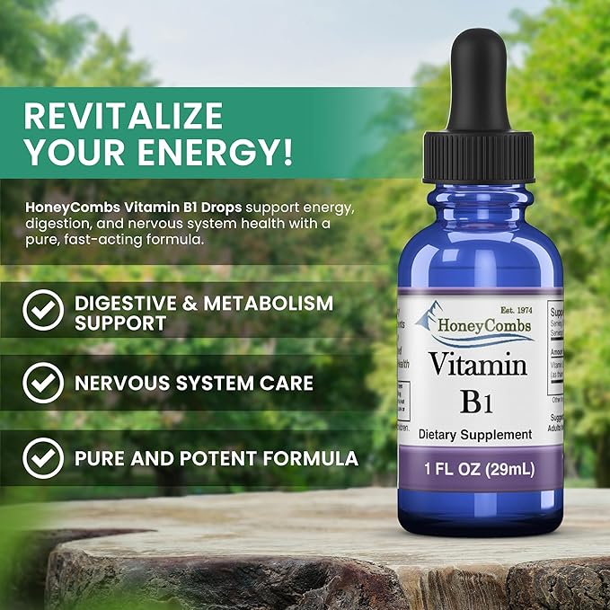 HoneyCombs Vitamin B1 Supplement (Thiamine) Liquid Drops - High Potency Thiamine B1 Supplement for Men &amp Women - Maintain Nervous System Energy &amp Overall Health - Vegan Liquid B Vitamins (8 F
