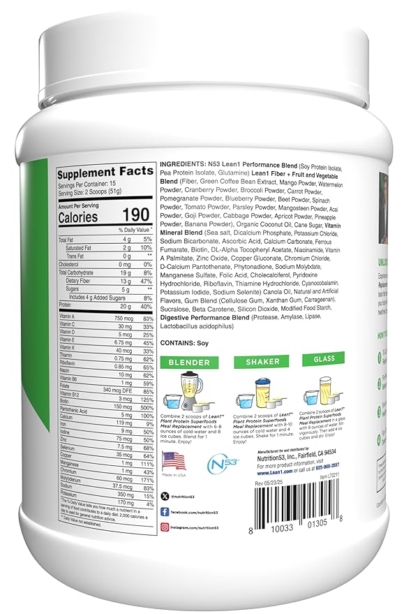 Lean1 Plant-Based Protein Powder Meal Replacement Banana Flavor 15 Serving
