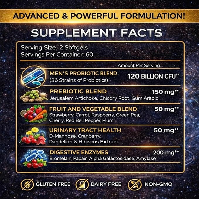 Men’s Advanced Probiotics 120 Billion CFU - 36 Strains + Prebiotics Enzymes &amp Veggie Blend for Gut Immune &amp Colon Health - 2 Month Supply 120 Softgels
