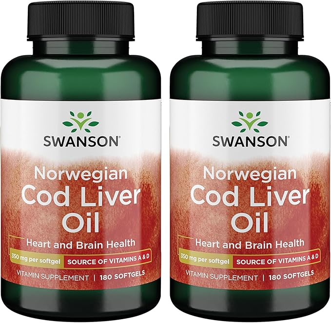 Swanson Cod Liver Oil - Wellness Supplement Promoting Bone Skin Health Vision Support &amp Immune System Function w/High Absorption Vitamin A - (180 Softgels 350mg Each) 2 Pack