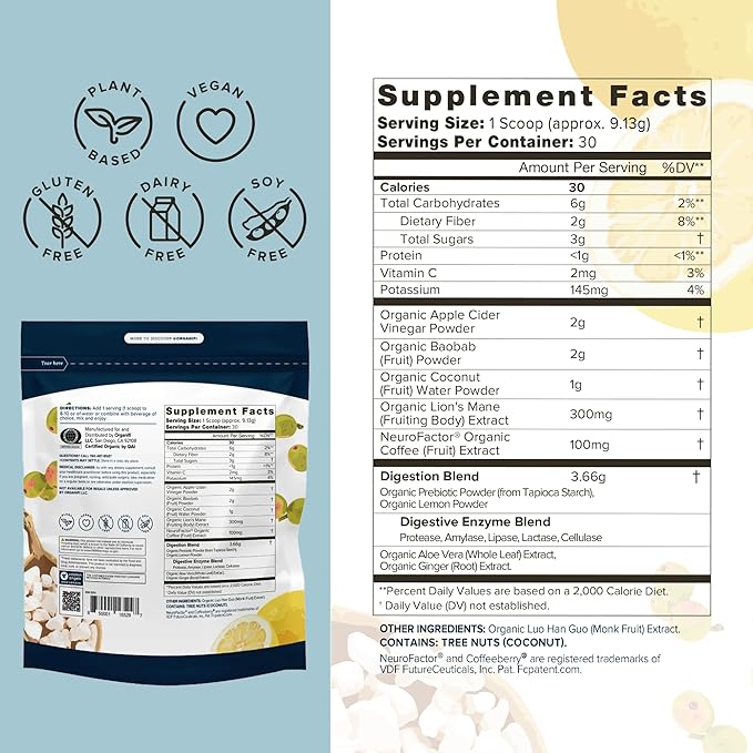 Organifi Pure - Promotes Stimulation in Learning Memory Focus and Clarity - Brain Support with Superfoods - Gluten-Free and Non GMO - Best Served Cold 30 Servings