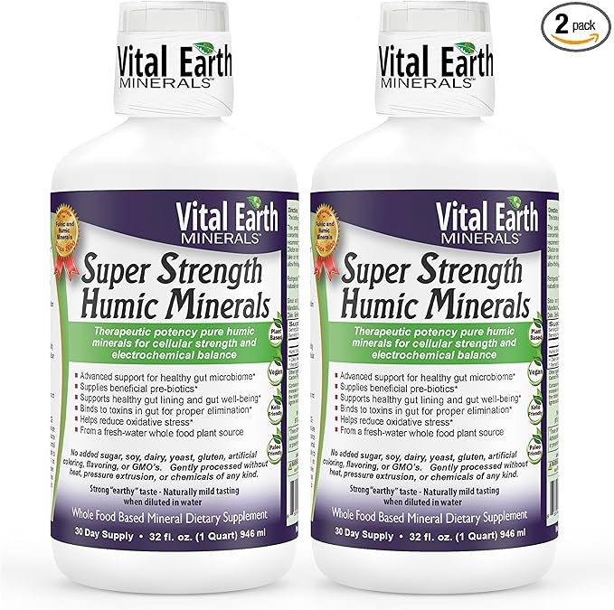 Vital Earth Minerals Super Strength Humic Minerals 2-Pack – Fulvic Acid Supplement with 70+ Trace Minerals Electrolytes for Detox &amp Digestion 32 Oz Ea + 1 Oz Cup
