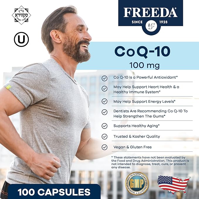 FREEDA CoQ10 100mg - Kosher Coenzyme Q10 Dietary Supplement for Cardiovascular Heart Health Blood Pressure Support Oral Gum Health and Healthy Aging - Pure CoQ10 Capsules 100 Count