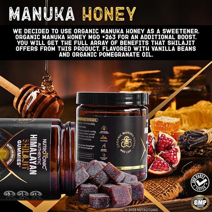 NutroTonic® Organic Himalayan Shilajit Gummies – Pomegranate &amp Vanilla Flavored – Shilajit for Men &amp Women - Wild Crafted Manuka Honey MGO +263 – Made in USA – 30 Healthy Gummies