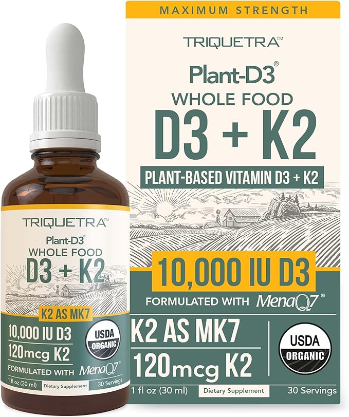 Organic Plant D3 K2 vitamin 10000 iu - All-Trans MK7 from MenaQ7 (120 mcg K2) - 100% Organic &amp Plant-Based Sublingual D3 Drops 10000 iu (Cholecalciferol) 100% Vegan - Supports Immunity Bone Br