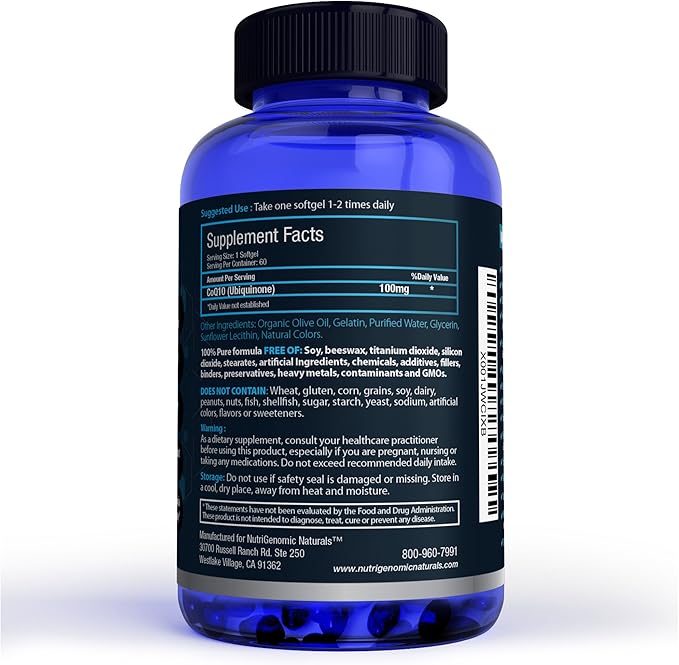 CoQ10 Coenzyme Q10 Highest Absorption with Organic Olive Oil 100mg 60 Softgels Ubiquinone Ubiquinol Supports Heart Health Increases Energy Pure Natural Effective