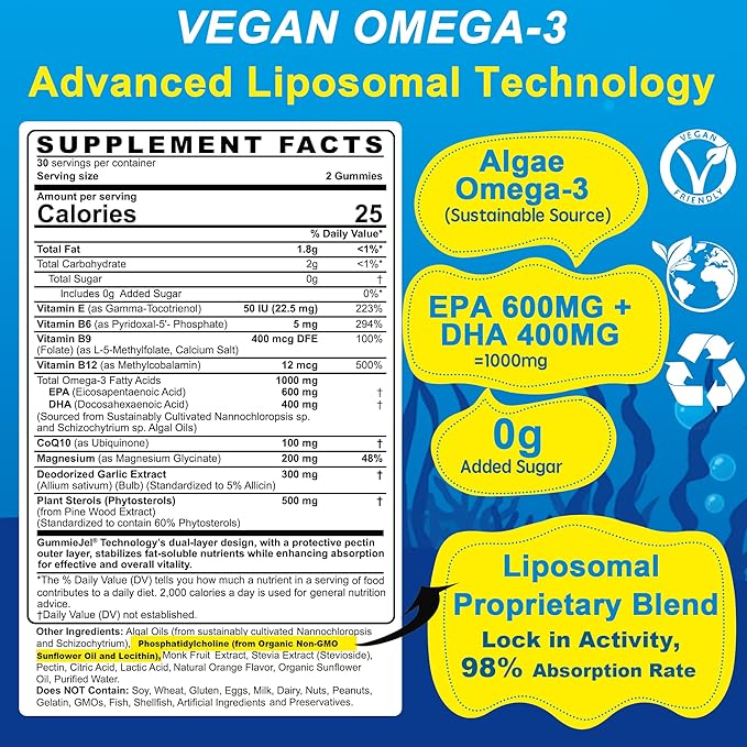 Vegan Omega-3 Gummies 1000mg +CoQ10+Magnesium- EPA 600mg &amp DHA 400mg Fish Oil Omega 3 Supplements Alternative for Women Men Adults- Liposomal Form -Algae- Plant Sterols GarlicB6B9 B12 Sugar