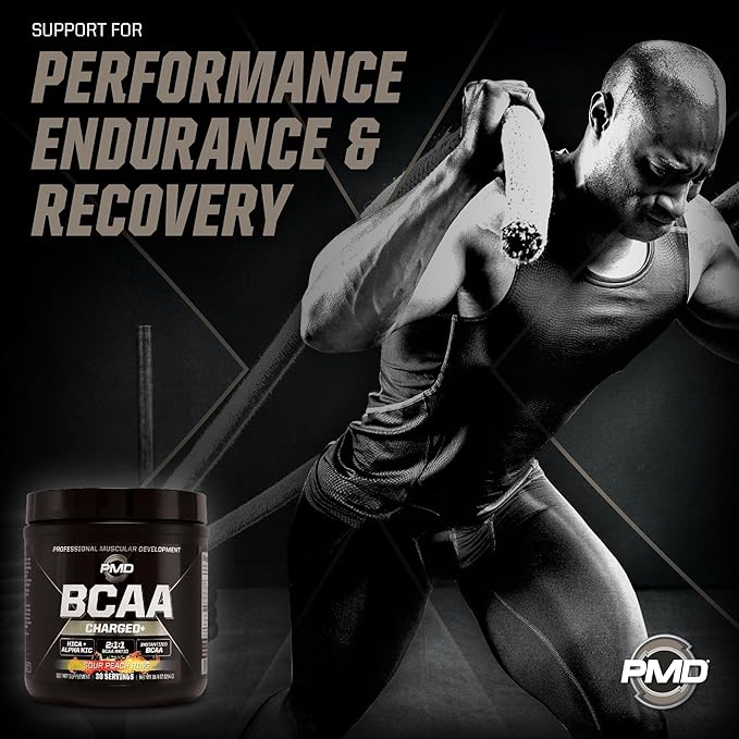 PMD Sports BCAA Charged Delicious Amino Acid Drink Mix for Performance and Recovery - Increase Muscle Function for Workout and Daily Energy - Sour Peach Ring (30 Servings)