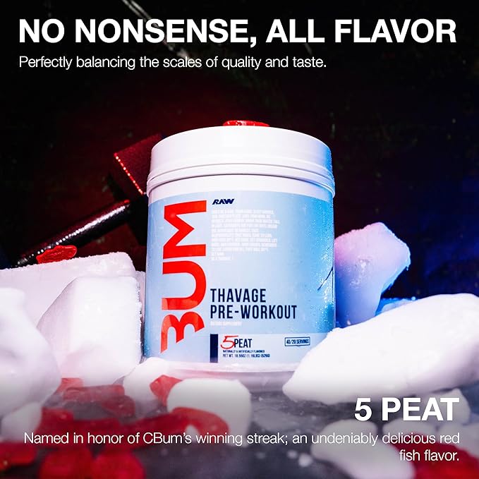 RAW Pre Workout Powder Thavage (5 Peat Red Gummy) - Chris Bumstead Sports Nutrition Supplement for Men &amp Women - Cbum Pre Workout for Working Out Hydration Mental Focus &amp Energy - 40 Servi
