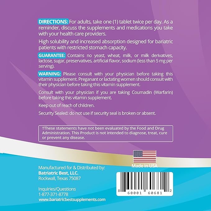 High A D E K Bariatric Multivitamin for Post DS/SADI Surgery 25 Essential Nutrients for Post-Weight Loss Surgery 60 Tablets Meets ASMBS Guidelines for Bariatric Bypass
