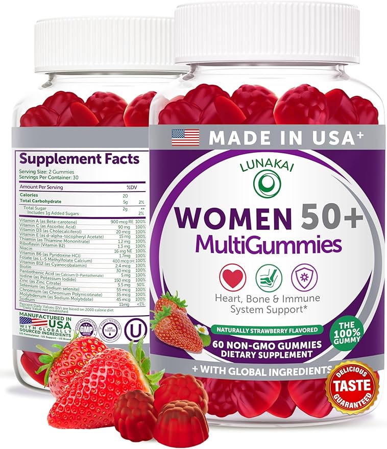Lunakai USA Made 50 Plus Women's Multivitamin Gummies - Delicious Formula Enhanced with Essential Vitamins &amp Minerals for Health &amp Vitality - 60ct